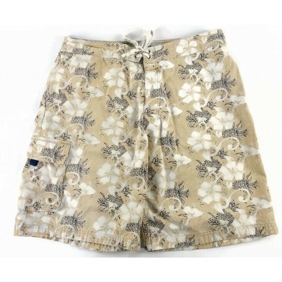 Utility Board Shorts Swim Trunks Men's Size 36 Cotton White & Tan Flowers - Picture 1 of 9